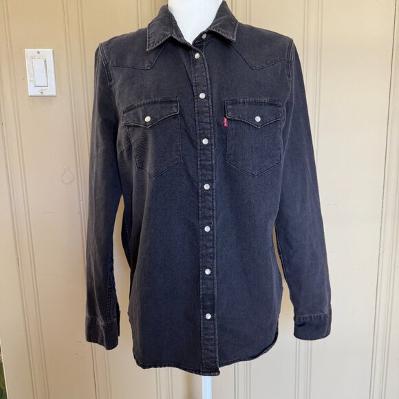 Levis Black Denim Western Shirt Pearl Snap Front Fringe on Back - Picture 10 of 11